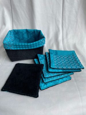 lot de 6 lingettes démaquillantes réutilisables avec panière assortie, jean et bleu