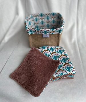 lot de 6 lingettes démaquillantes réutilisables avec panière assortie, jute et feuilles